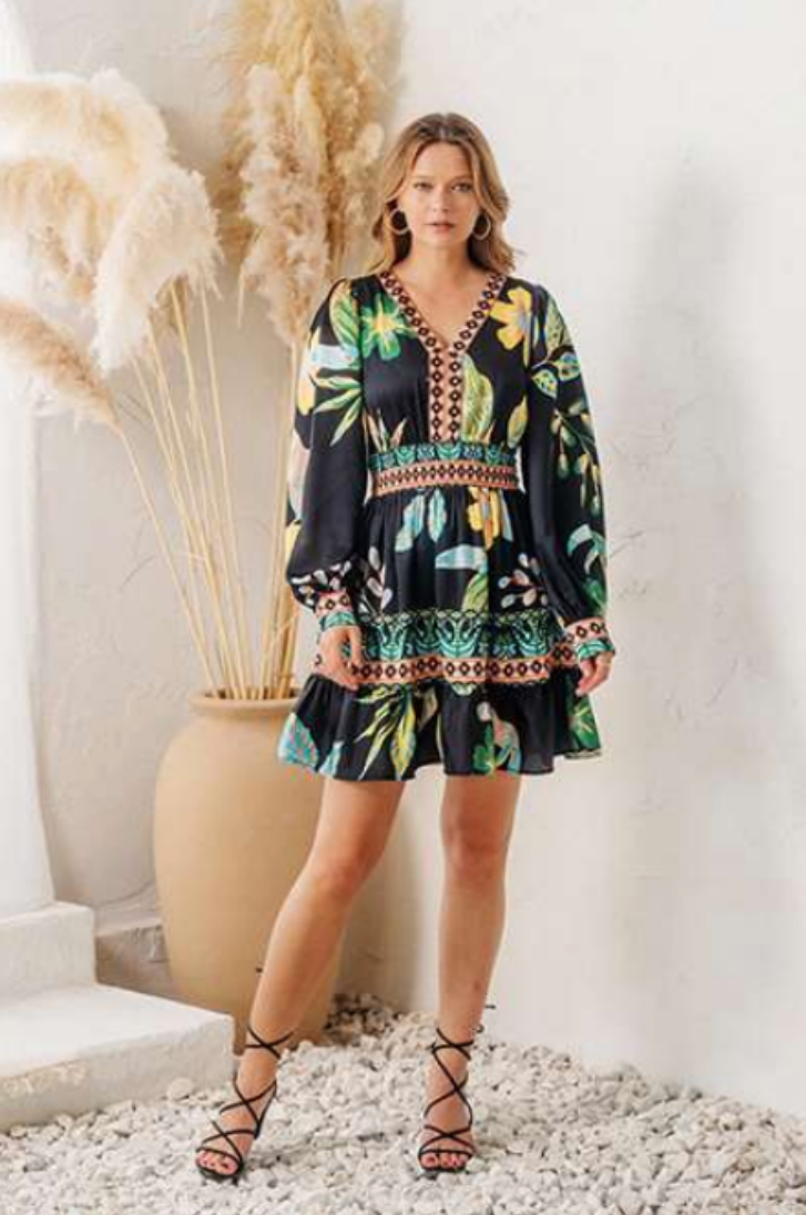 Array Oddi Tropical Border Printed Long Sleeve Mini Dress