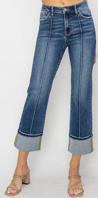 Risen High Rise Ankle Straight-Wide Cuffed Jeans – Dark Wash | Boutique Denim