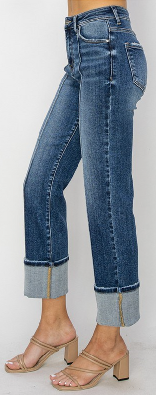 Risen High Rise Ankle Straight-Wide Cuffed Jeans – Dark Wash | Boutique Denim