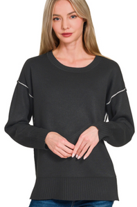 Zenana Round Neck Contrast Trim Sweater