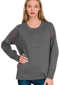 Zenana Round Neck Contrast Trim Sweater