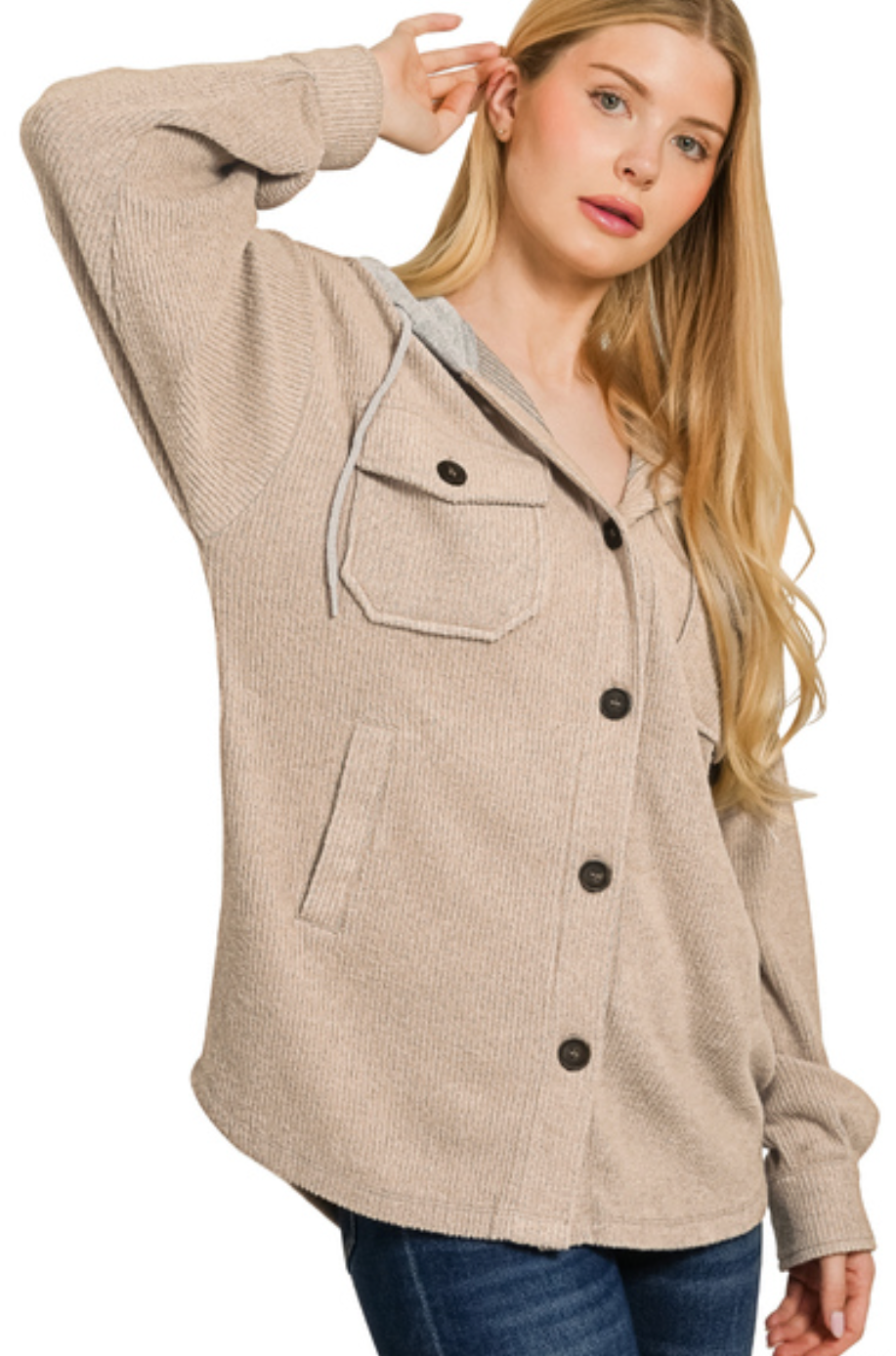 Brushed Rib Hooded Button Down Shacket