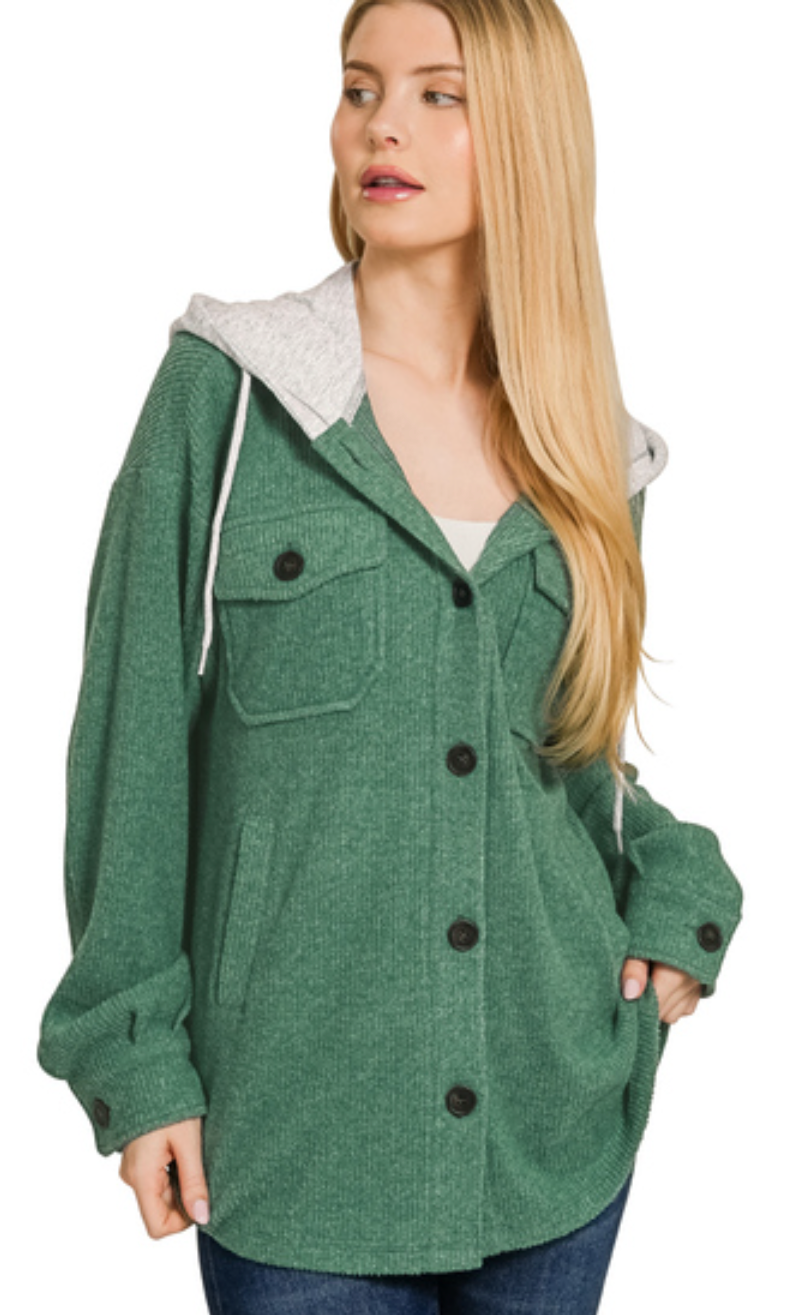 Brushed Rib Hooded Button Down Shacket