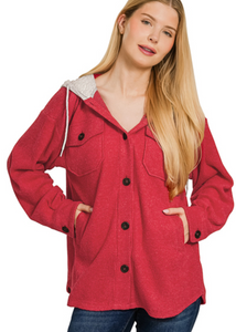 Brushed Rib Hooded Button Down Shacket