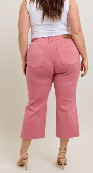 Judy Blue High Waist Garmet Dyed Raw Hem Wide Crop- Rose