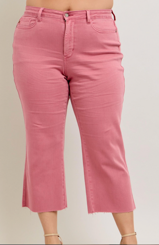 Judy Blue High Waist Garmet Dyed Raw Hem Wide Crop- Rose