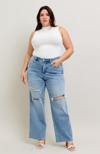 Judy Blue Mid-Rise Tummy Control Wide Leg Jeans – Light Wash | Flattering Denim