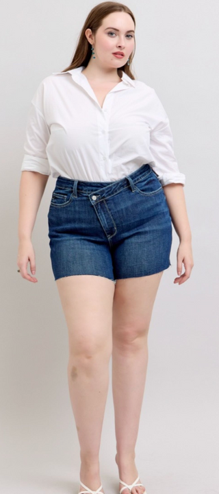Judy Blue High Waist Criss-Cross Waistband Shorts- Dark Wash