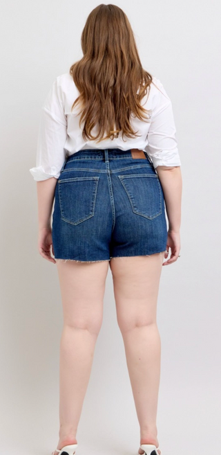 Judy Blue High Waist Criss-Cross Waistband Shorts- Dark Wash