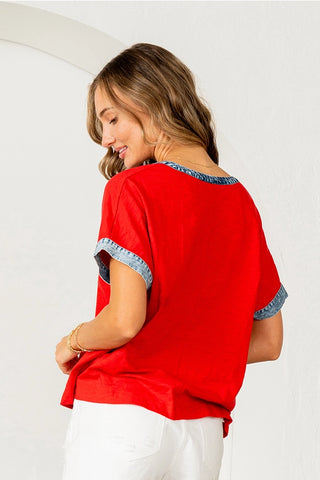 Sew In Love - Relaxed Fit Denim Trim V-Notch Top