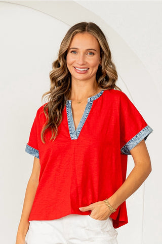 Sew In Love - Relaxed Fit Denim Trim V-Notch Top