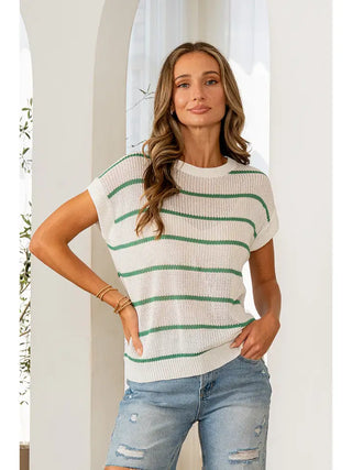 Sew In Love - White Green Relaxed Fit Striped Short Sleeve Knit Top