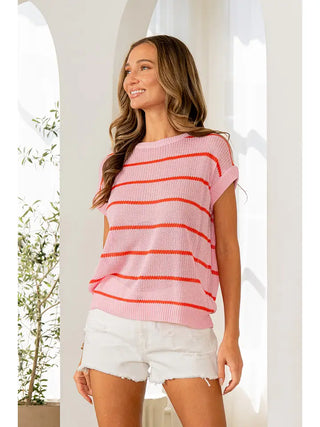 Sew In Love - Pink Orange Relaxed Fit Striped Short Sleeve Knit Top