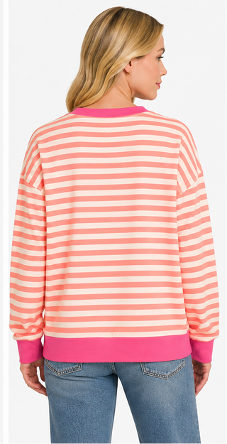 Zenana - Striped Rib Banded Long Sleeve Pullover - Coral Hot Pink