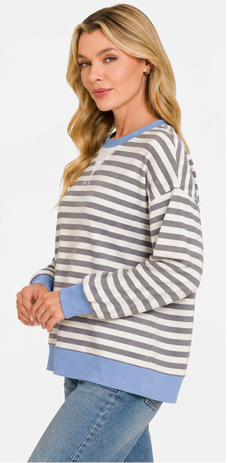 Zenana - Striped Rib Banded Long Sleeve Pullover - Charcoal Cornflower Blue