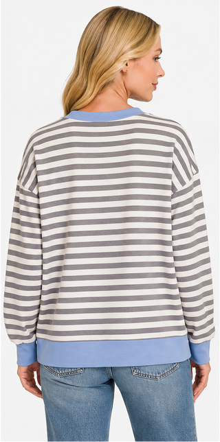 Zenana - Striped Rib Banded Long Sleeve Pullover - Charcoal Cornflower Blue