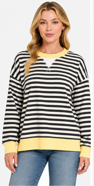 Zenana - Striped Rib Banded Long Sleeve Pullover - Black/Yellow