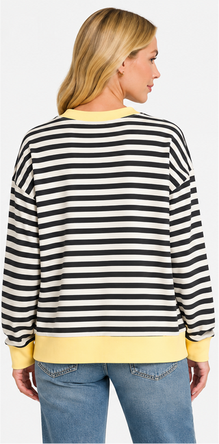 Zenana - Striped Rib Banded Long Sleeve Pullover - Black/Yellow