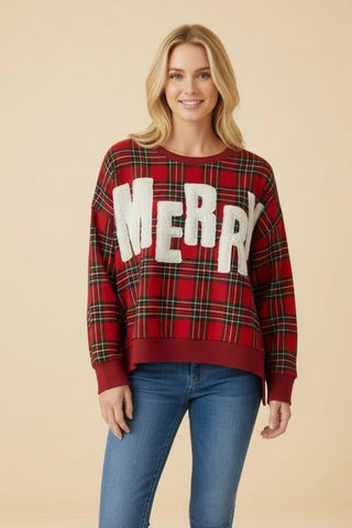 Red plaid pullover with 'MERRY' sherpa applique, long sleeves, and crew neck.