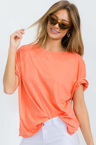YELETE OVERSIZE ROUND NECK COTTON SOFT T-SHIRT- Coral