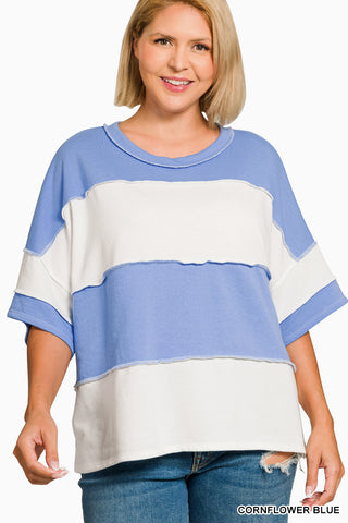 Zenana Color Block Short Sleeve Casual Sweatshirt Tee- Cornflower Blue