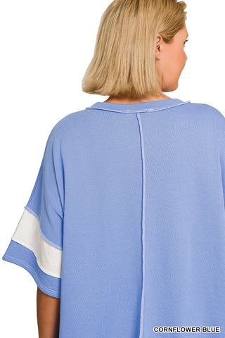 Zenana Color Block Short Sleeve Casual Sweatshirt Tee- Cornflower Blue