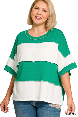 Zenana Color Block Short Sleeve Casual Sweatshirt Tee- Kelly Green