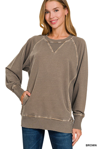 Zenana Washed Raglan Crewneck Sweatshirt – Relaxed Fix- Brown