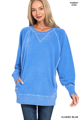 Zenana - Pigment Dyed French Terry Pullover - Classic Blue