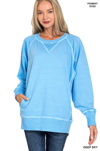 Zenana Washed Raglan Crewneck Sweatshirt – Relaxed Fit- Deep Sky