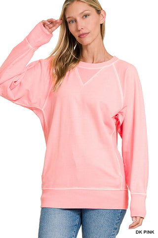 Zenana Washed Raglan Crewneck Sweatshirt – Relaxed Fit- Dark Pink