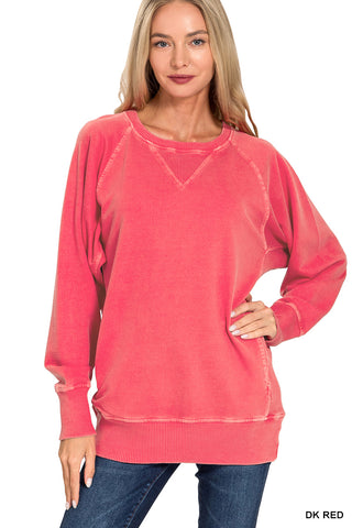 Zenana - Dark Red Pigment Dyed French Terry Pullover with Pockets