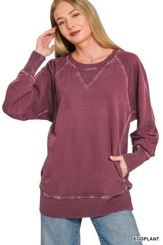Zenana Washed Raglan Crewneck Sweatshirt – Relaxed Fit - Eggplant
