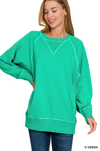 Zenana - Kelly Green Pigment Dyed French Terry Pullover with Pockets