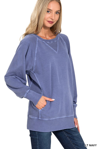 Zenana - Pigment Dyed French Terry Pullover - Light Navy
