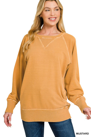 Zenana Washed Raglan Crewneck Sweatshirt – Relaxed Fit- Mustard