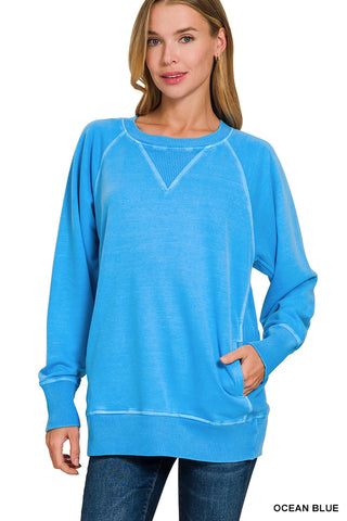 Zenana Washed Raglan Crewneck Sweatshirt – Relaxed Fit- Ocean Blue