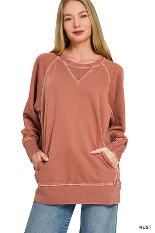 Zenana Washed Raglan Crewneck Sweatshirt – Relaxed Fit - Rust
