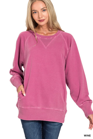 Zenana Washed Raglan Crewneck Sweatshirt – Relaxed Fix- Wine