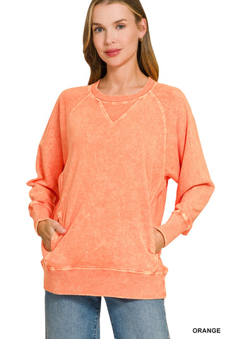 Zenana Halo Washed French Terry Round Neck Pullover