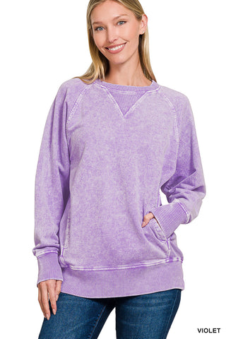 Zenana Halo Washed French Terry Round Neck Pullover