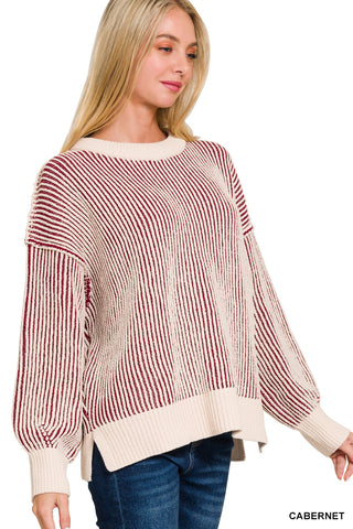 Two Tone Crewneck Sweater - Cabernet