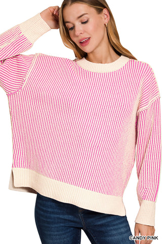 Two Tone Crewneck Sweater - Candy Pink
