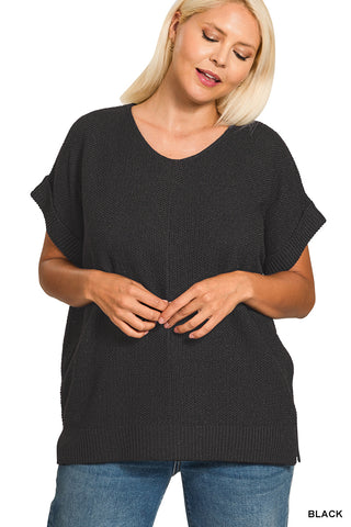 Zenana Lightweight Short Sleeve Knit Sweater Top - Black
