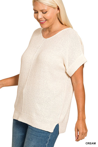 Zenana Lightweight Short Sleeve Knit Sweater Top - Cream