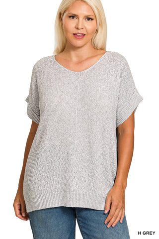Zenana Lightweight Short Sleeve Knit Sweater Top - Heather Grey