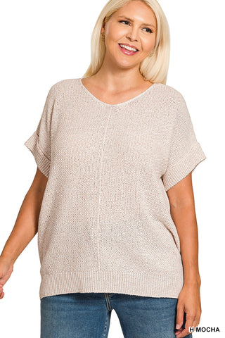 Zenana Lightweight Short Sleeve Knit Sweater Top - Heather Mocha
