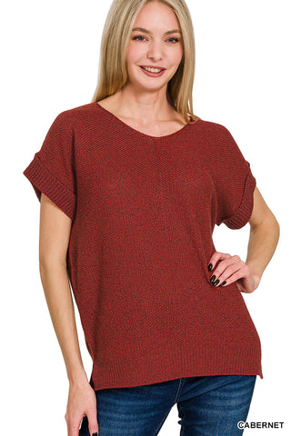 Zenana Lightweight Short Sleeve Knit Sweater Top - Cabernet