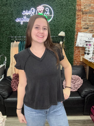 POL Washed Black Flutter Sleeve V-Neck Top