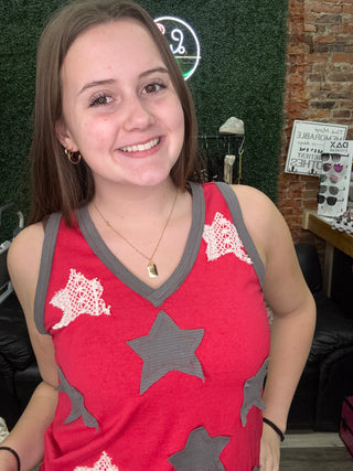 POL Star Patchwork V-Neck Tank Top – Red